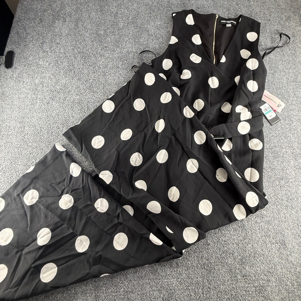 Karl Lagerfeld Paris Polka Dot Wide Leg Jumpsuit Black White Size 16 NWT